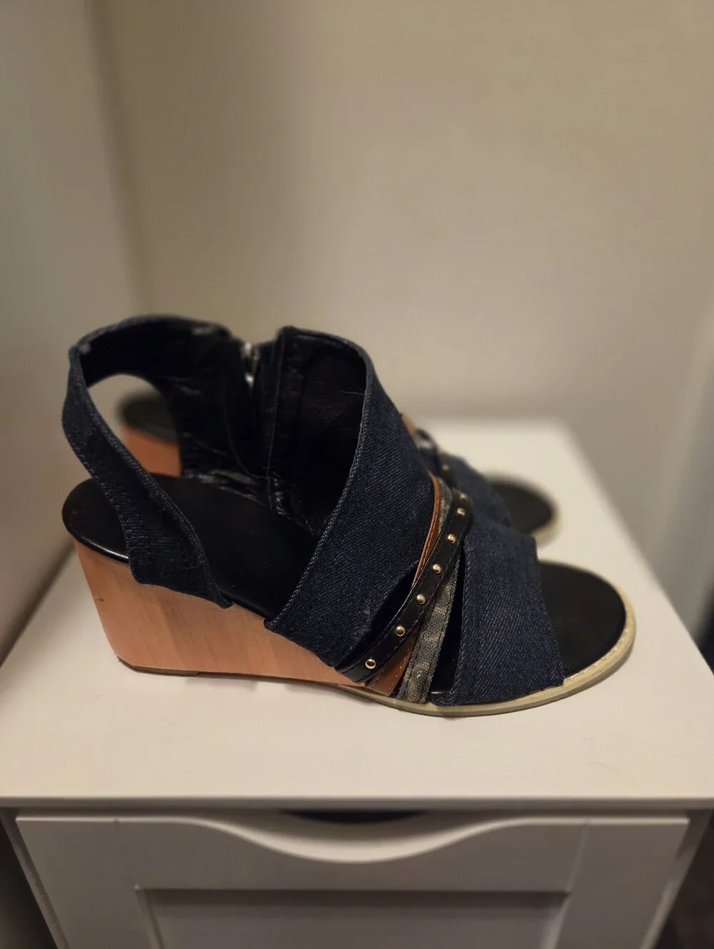Denim Wedge Sandals with Studded Straps - Navy & Brown Size 8